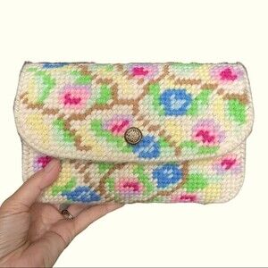 Vintage Plastic Canvas Woven Yarn Clutch Lined. Colorful and fun! Handmade